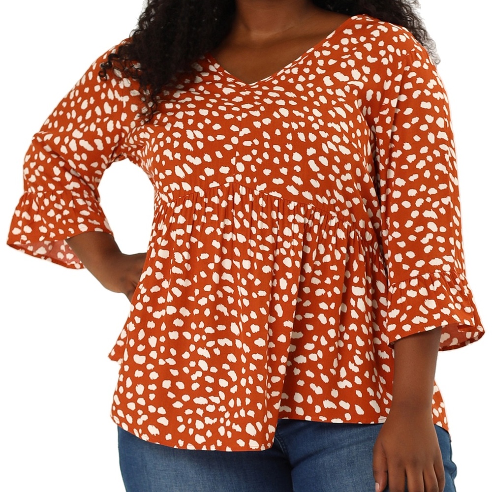 Agnes Orinda Orange & Cream Dots 3/4 Ruffle Sleeve Babydoll Blouse  3X
